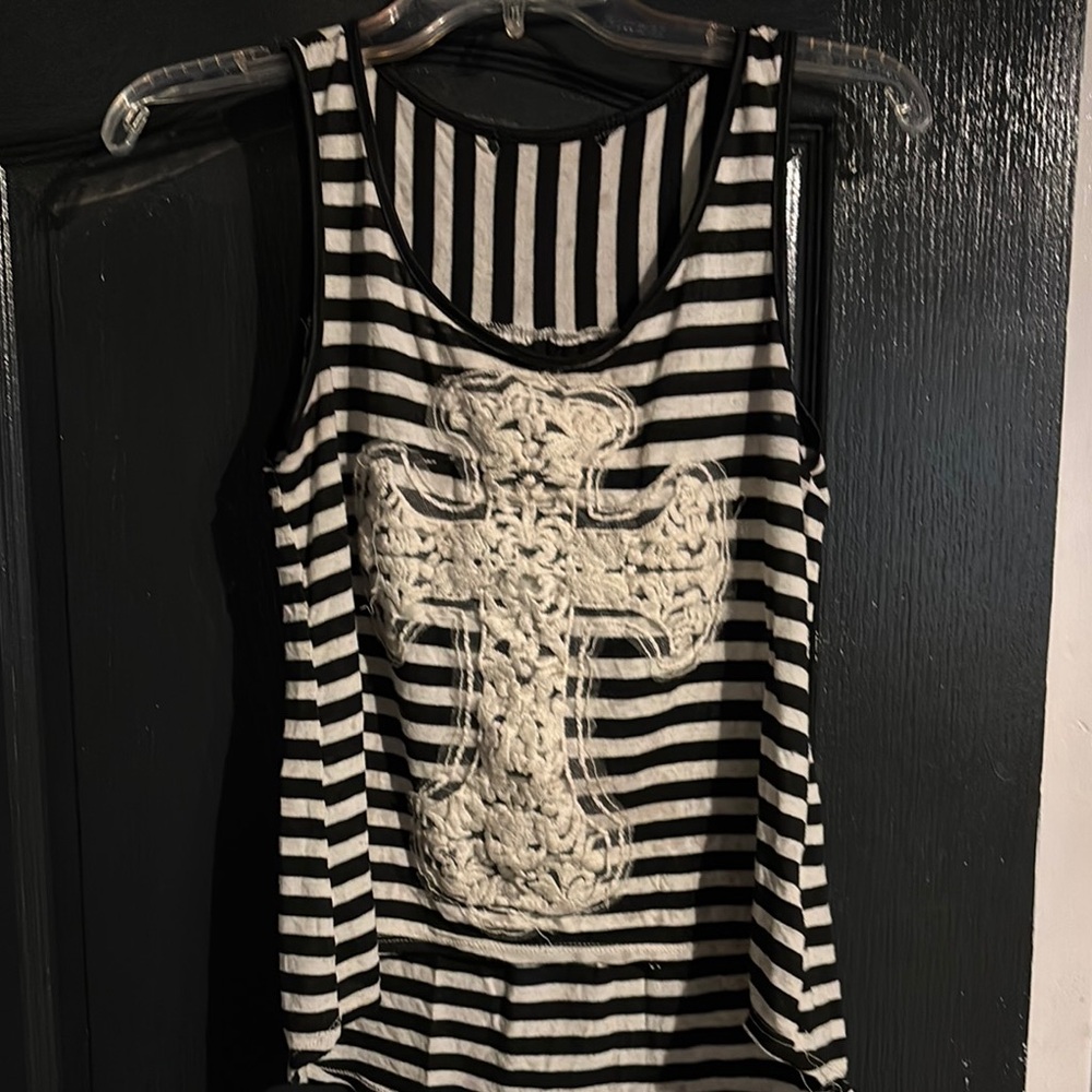 Black and White Striped Tank Top with Cross Design